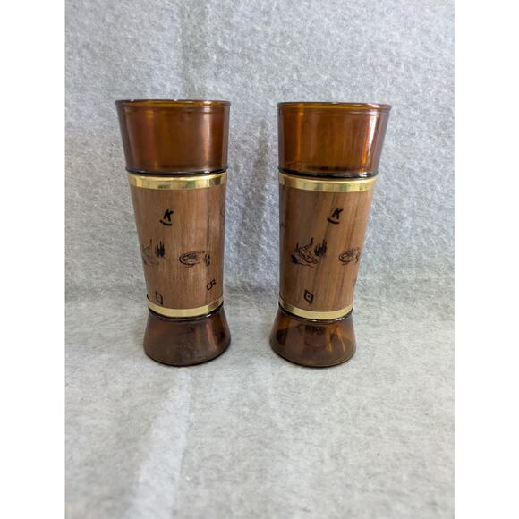 Set Of 2 Vintage Siesta Ware Western Cowboy Walnut Amber Highball Tiki Glass - Picture 3 of 9